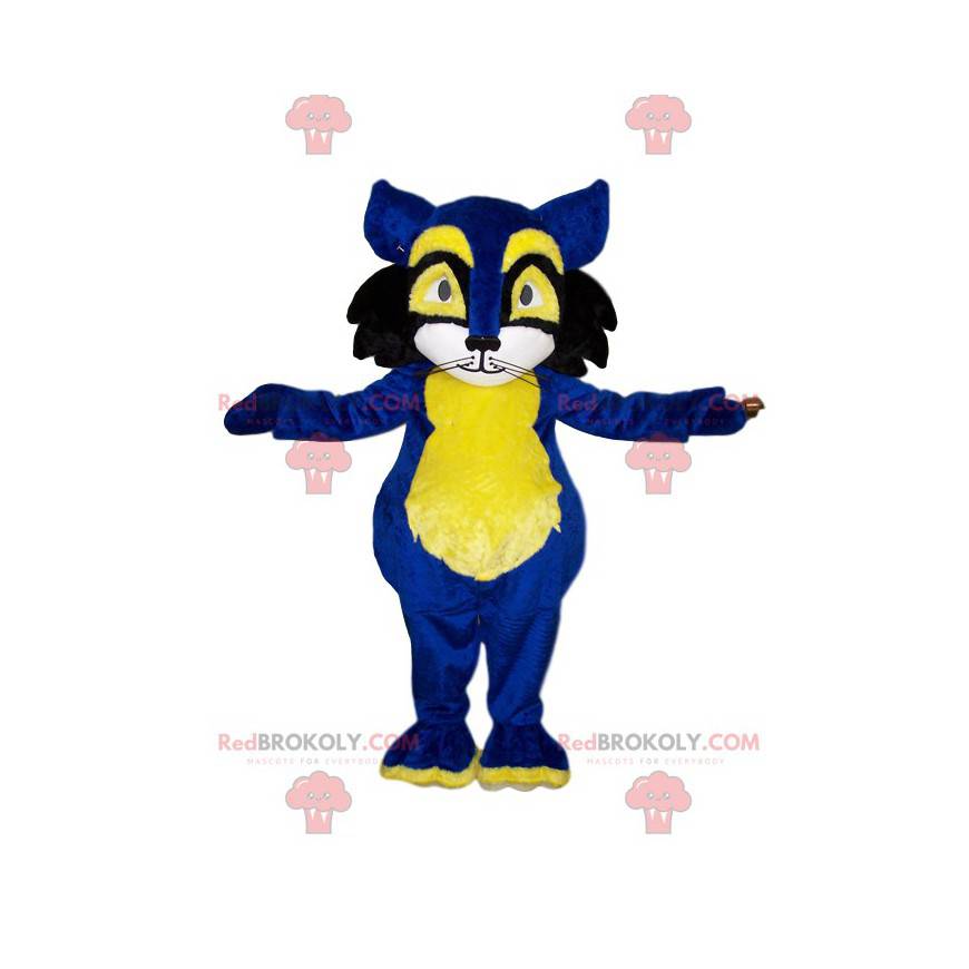 Blauwe en gele kat mascotte. Kat kostuum - Redbrokoly.com