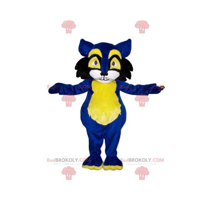 Mascotte de chat bleu et jaune. Costume de chat - Redbrokoly.com