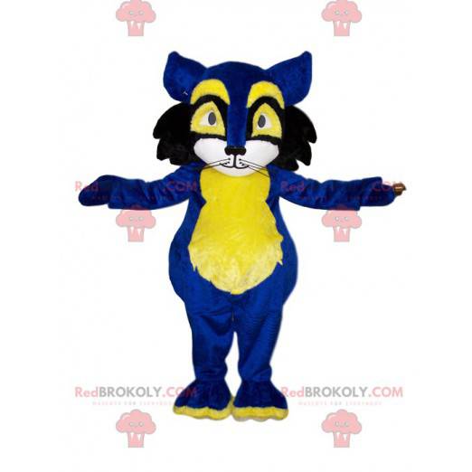 Mascote gato azul e amarelo. Fantasia de gato - Redbrokoly.com