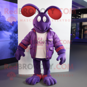 Purple Lobster Bisque mascot costume character dressed with a Bomber Jacket and Shawls