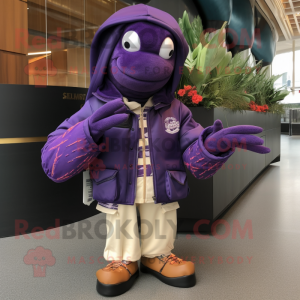 Purple Lobster Bisque mascot costume character dressed with a Bomber Jacket and Shawls