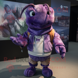 Purple Lobster Bisque mascot costume character dressed with a Bomber Jacket and Shawls