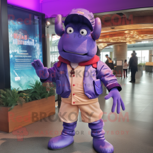 Purple Lobster Bisque mascot costume character dressed with a Bomber Jacket and Shawls