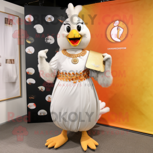 White Butter Chicken mascot costume character dressed with a Sheath Dress and Coin purses