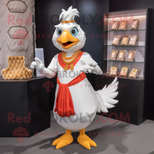 White Butter Chicken mascot costume character dressed with a Sheath Dress and Coin purses