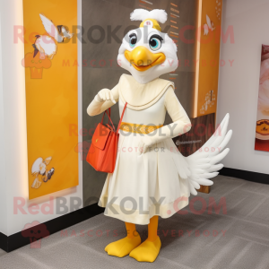 White Butter Chicken mascot costume character dressed with a Sheath Dress and Coin purses