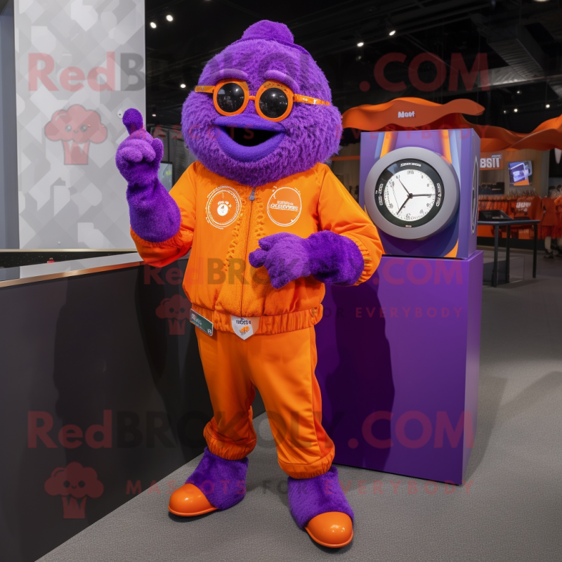 Purple Orange mascot costume character dressed with a Graphic Tee and Digital watches