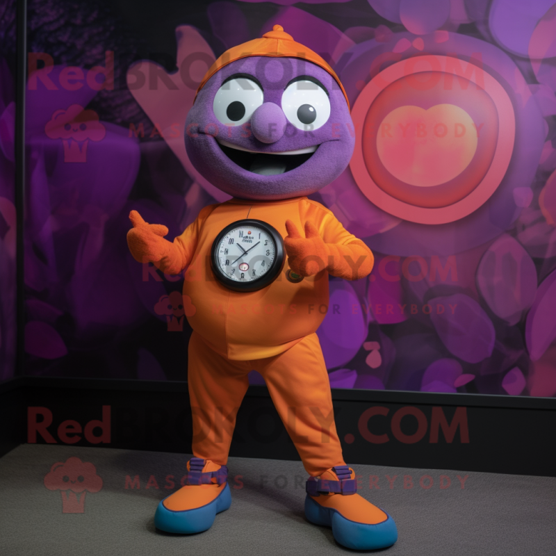 Purple Orange mascot costume character dressed with a Graphic Tee and Digital watches