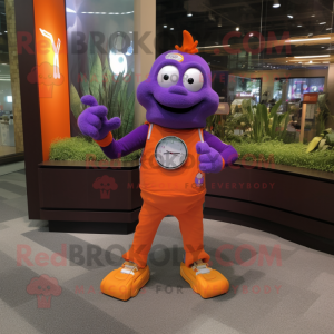 Purple Orange mascot costume character dressed with a Graphic Tee and Digital watches
