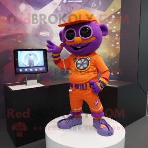 Purple Orange mascot costume character dressed with a Graphic Tee and Digital watches