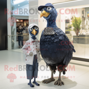 Navy Guinea Fowl mascot costume character dressed with a Mom Jeans and Shoe clips