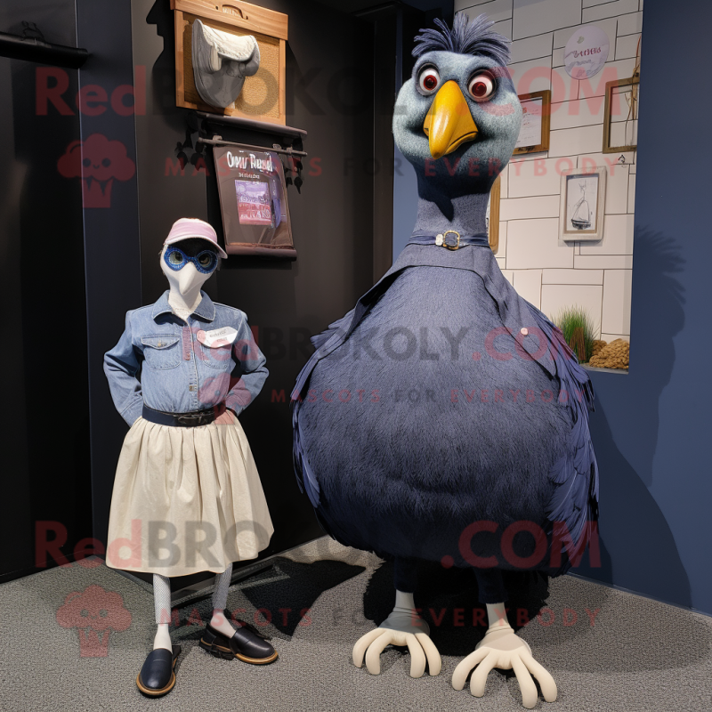 Navy Guinea Fowl mascot costume character dressed with a Mom Jeans and Shoe clips