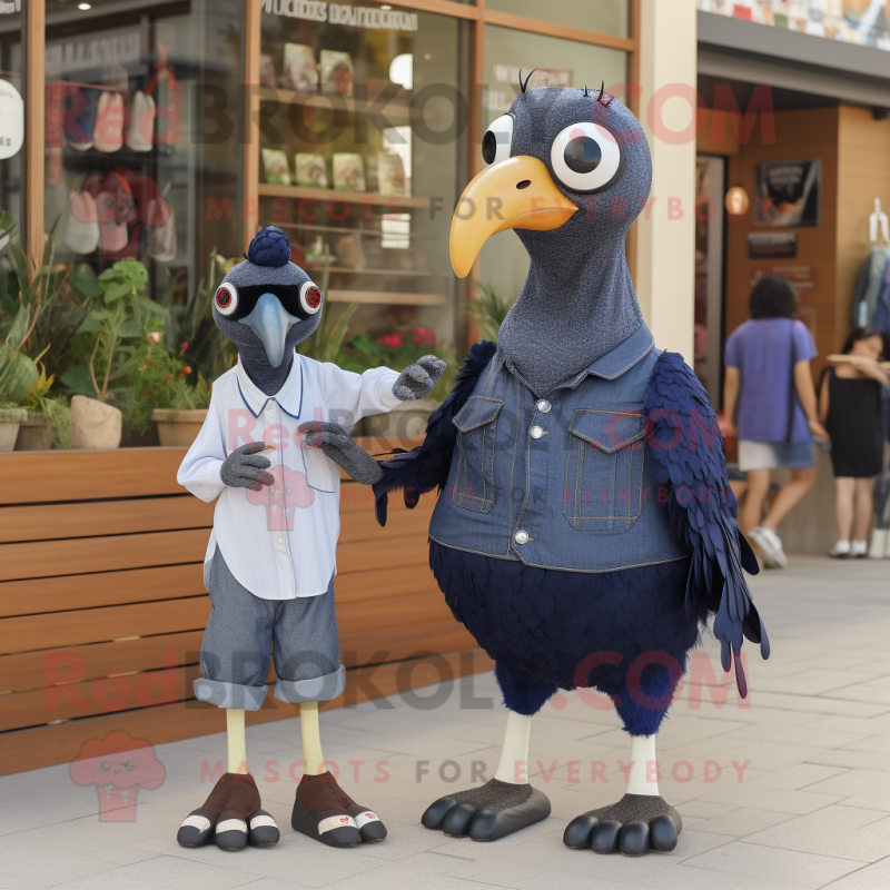 Navy Guinea Fowl mascot costume character dressed with a Mom Jeans and Shoe clips