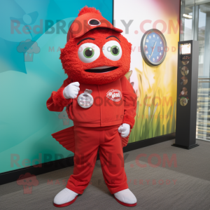 Red Fish Tacos mascot costume character dressed with a Romper and Digital watches