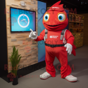 Red Fish Tacos mascot costume character dressed with a Romper and Digital watches