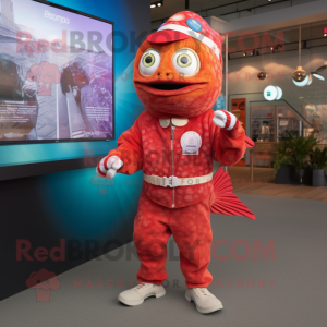Red Fish Tacos mascot costume character dressed with a Romper and Digital watches