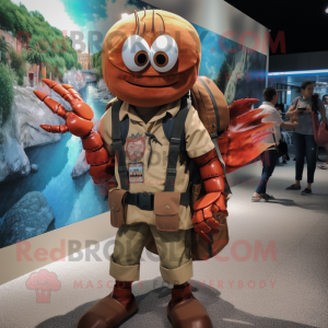 Brown Lobster Bisque mascot costume character dressed with a Cargo Shorts and Backpacks