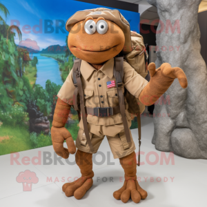 Brown Lobster Bisque mascot costume character dressed with a Cargo Shorts and Backpacks