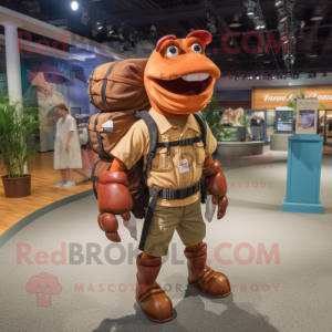 Brown Lobster Bisque mascot costume character dressed with a Cargo Shorts and Backpacks