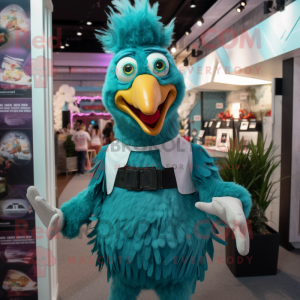 Teal Rooster mascot costume character dressed with a Romper and Suspenders