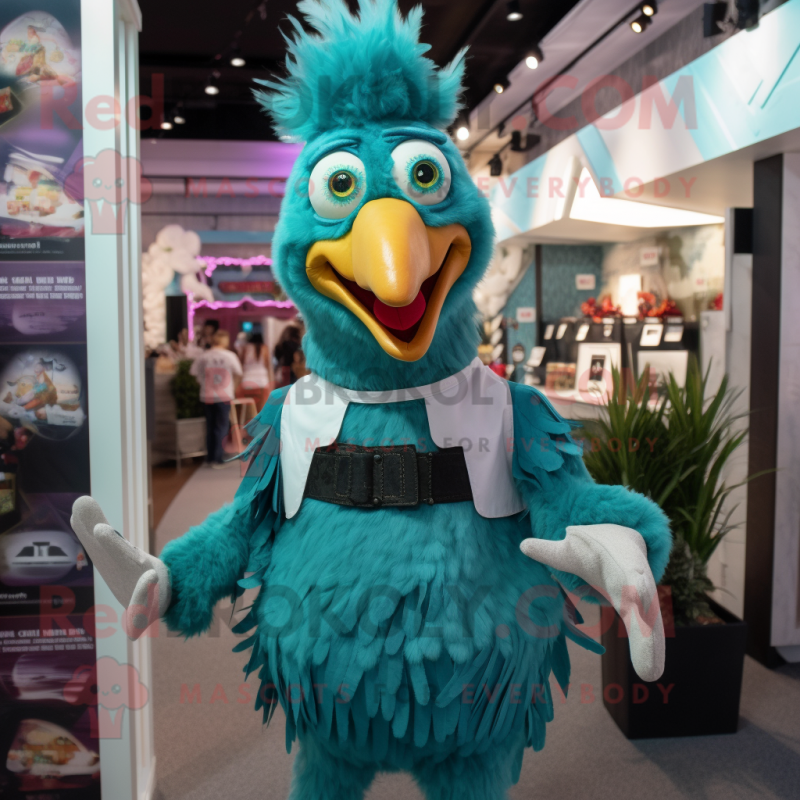 Teal Rooster mascot costume character dressed with a Romper and Suspenders Teal Rooster mascot costume character dressed with a Romper and Suspenders