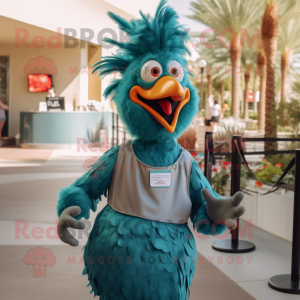 Teal Rooster mascot costume character dressed with a Romper and Suspenders