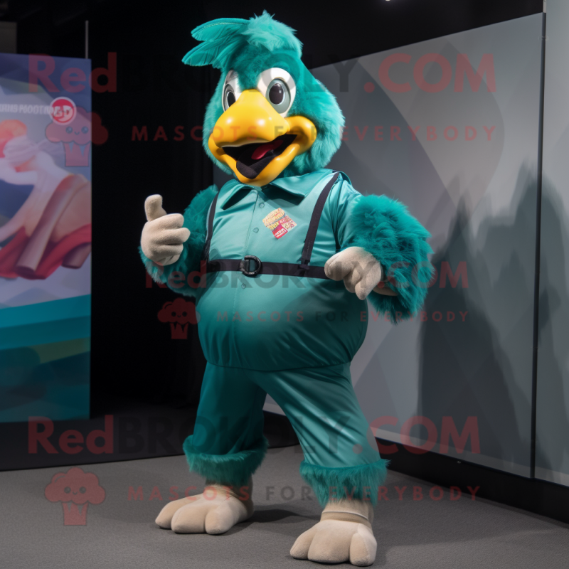 Teal Rooster mascot costume character dressed with a Romper and Suspenders