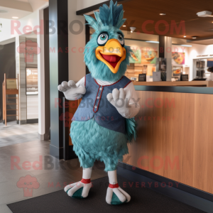 Teal Rooster mascot costume character dressed with a Romper and Suspenders