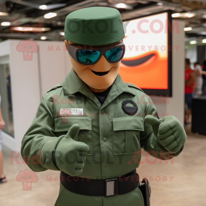 Green Gi Joe mascot costume character dressed with a Button-Up Shirt and Sunglasses