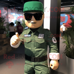 Green Gi Joe mascot costume character dressed with a Button-Up Shirt and Sunglasses