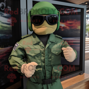 Green Gi Joe mascot costume character dressed with a Button-Up Shirt and Sunglasses