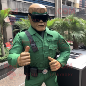 Green Gi Joe mascot costume character dressed with a Button-Up Shirt and Sunglasses