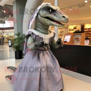 nan Allosaurus mascot costume character dressed with a Evening Gown and Mittens