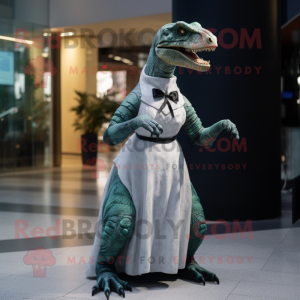 nan Allosaurus mascot costume character dressed with a Evening Gown and Mittens