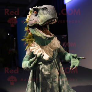 nan Allosaurus mascot costume character dressed with a Evening Gown and Mittens