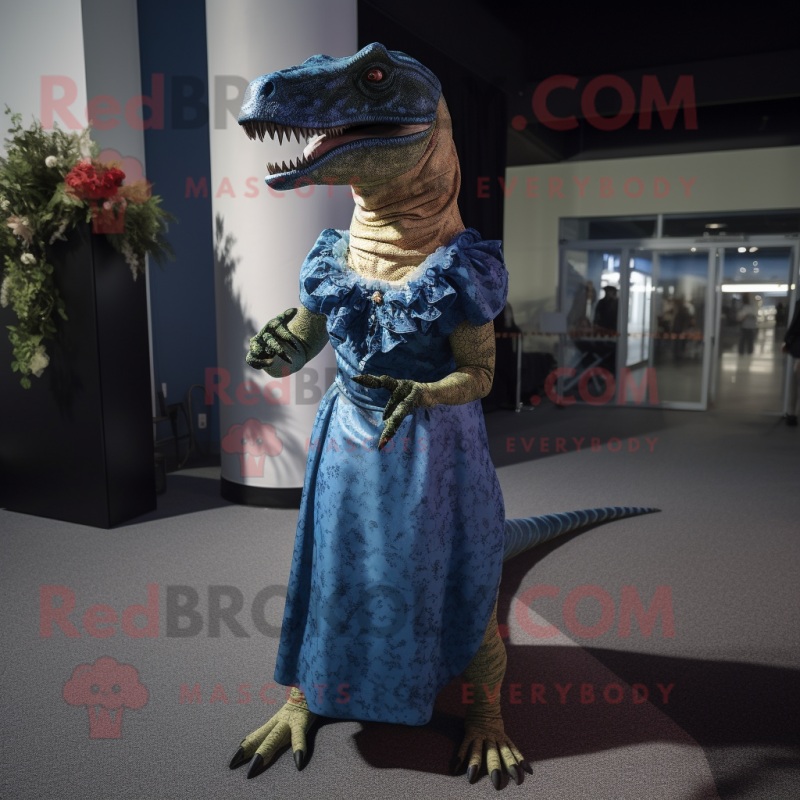 nan Allosaurus mascot costume character dressed with a Evening Gown and Mittens nan Allosaurus mascot costume character dressed with a Evening Gown and Mittens