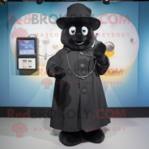Black Phone mascot costume character dressed with a Coat and Coin purses