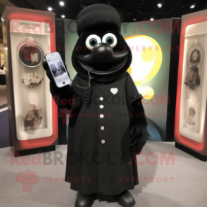 Black Phone mascot costume character dressed with a Coat and Coin purses