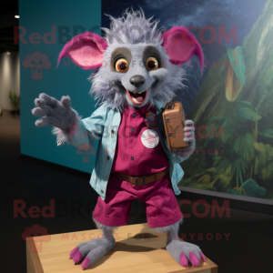 Magenta Aye-Aye mascot costume character dressed with a Chambray Shirt and Shoe clips