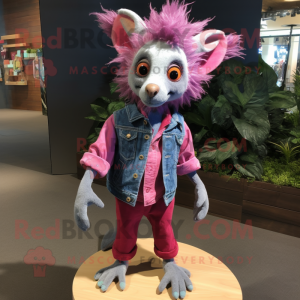 Magenta Aye-Aye mascot costume character dressed with a Chambray Shirt and Shoe clips