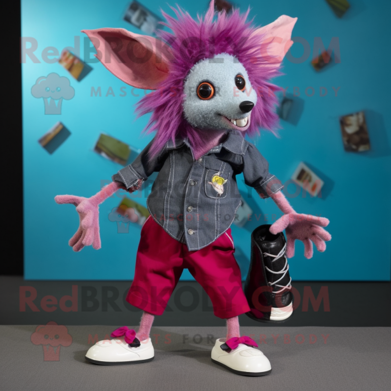 Magenta Aye-Aye mascot costume character dressed with a Chambray Shirt and Shoe clips