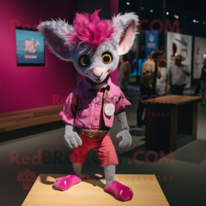 Magenta Aye-Aye mascot costume character dressed with a Chambray Shirt and Shoe clips