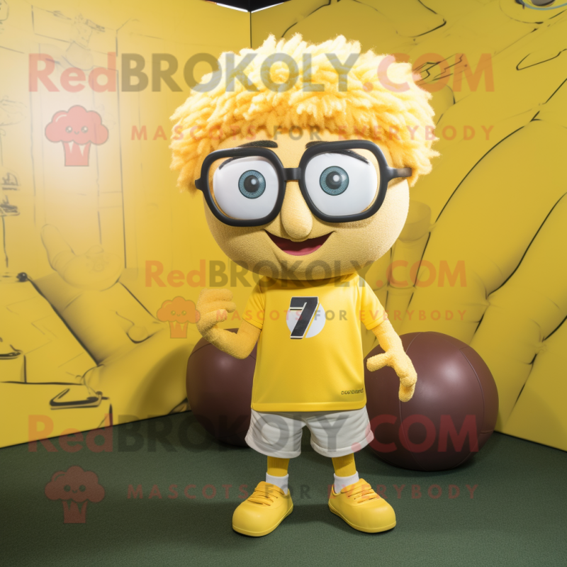 Yellow Meatballs mascot costume character dressed with a Rugby Shirt and Eyeglasses