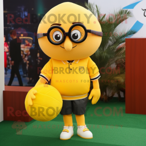 Yellow Meatballs mascot costume character dressed with a Rugby Shirt and Eyeglasses