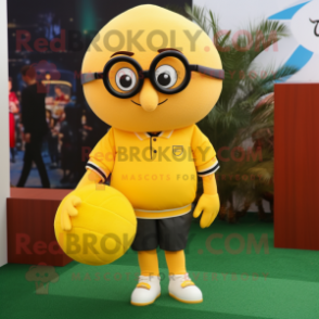 Yellow Meatballs mascot costume character dressed with a Rugby Shirt and Eyeglasses