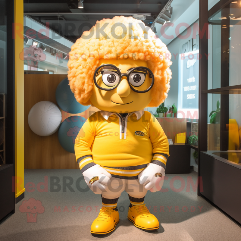 Yellow Meatballs mascot costume character dressed with a Rugby Shirt and Eyeglasses Yellow Meatballs mascot costume character dressed with a Rugby Shirt and Eyeglasses