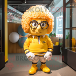 Yellow Meatballs mascot costume character dressed with a Rugby Shirt and Eyeglasses
