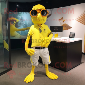 Lemon Yellow Falcon mascot costume character dressed with a Henley Tee and Pocket squares