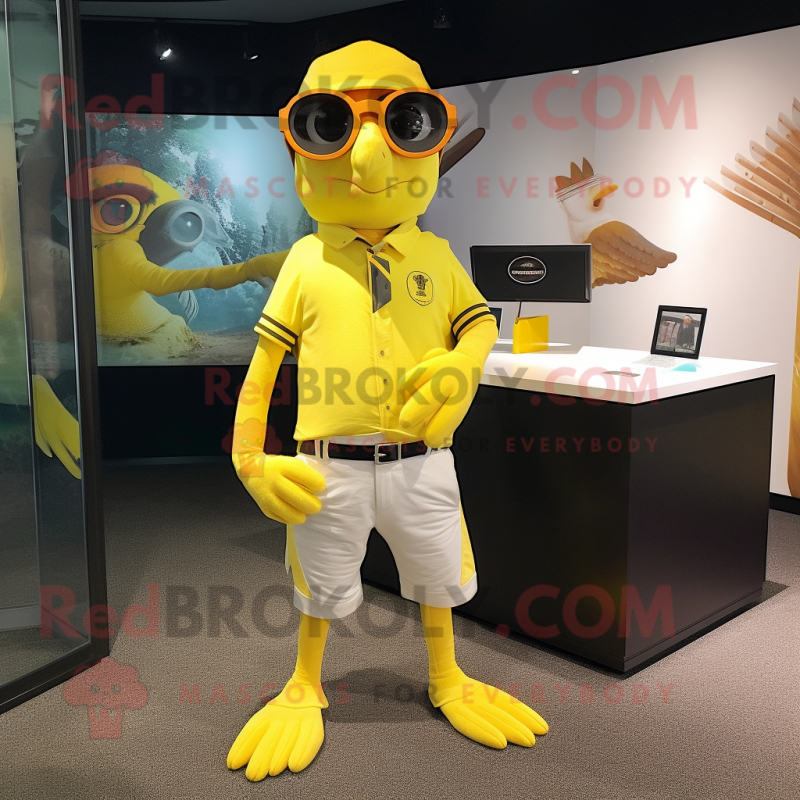 Lemon Yellow Falcon mascot costume character dressed with a Henley Tee and Pocket squares