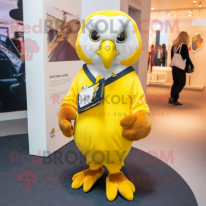 Lemon Yellow Falcon mascot costume character dressed with a Henley Tee and Pocket squares